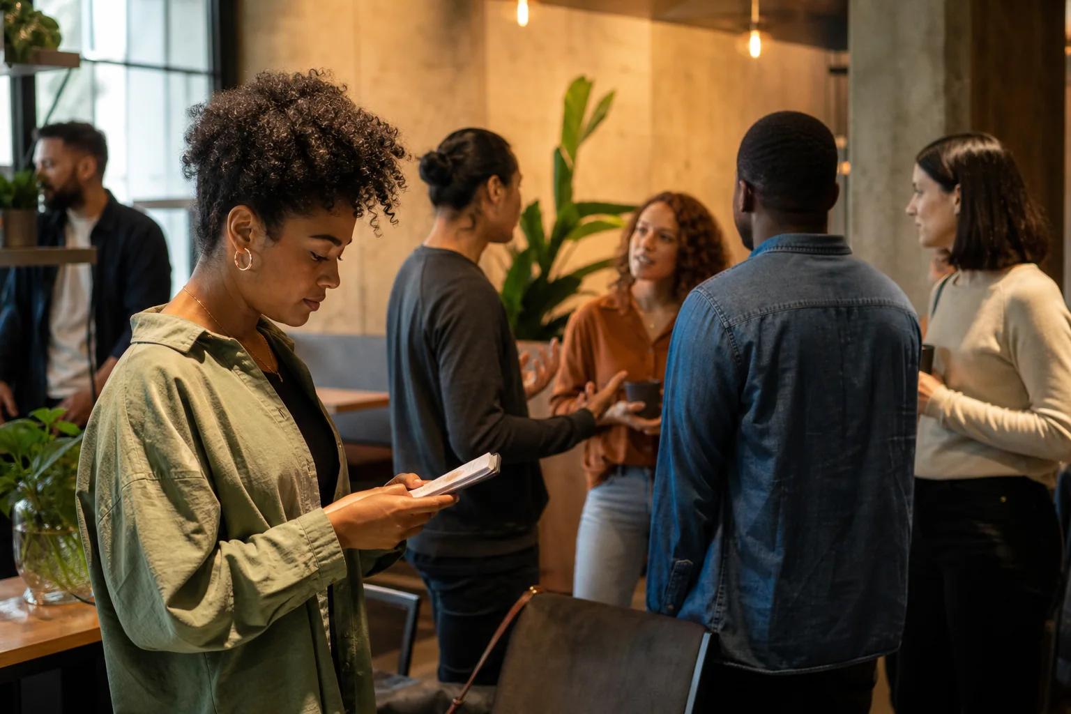 Grupo pequeno de adultos em encontro de conversação, com uma pessoa revisando notas no celular após conversar, sugerindo prática de inglês que continua depois do evento.