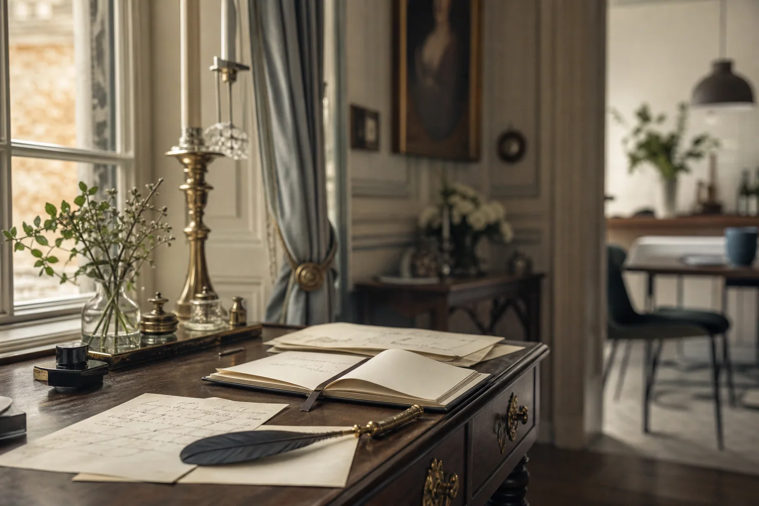 Mesa de escrita elegante com luz natural e elementos de época e do cotidiano, sugerindo a diferença entre frases de série e inglês real.