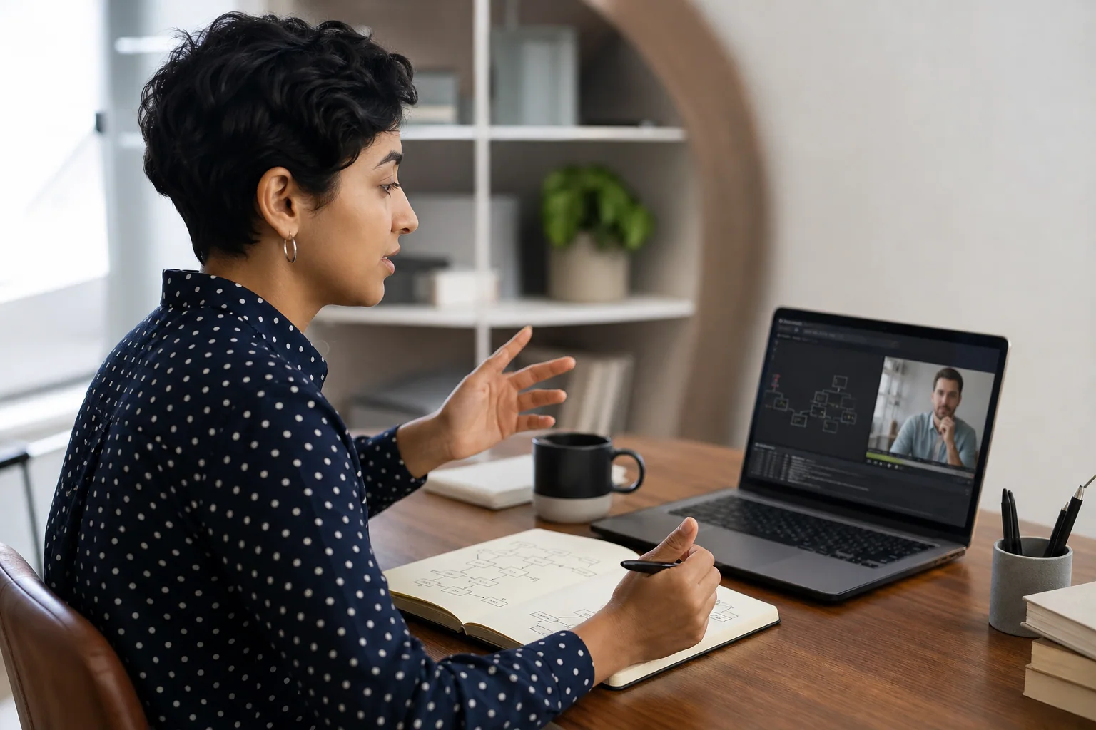 Profissional de tecnologia em entrevista técnica remota, explicando raciocínio com calma diante do laptop em um ambiente de trabalho minimalista.