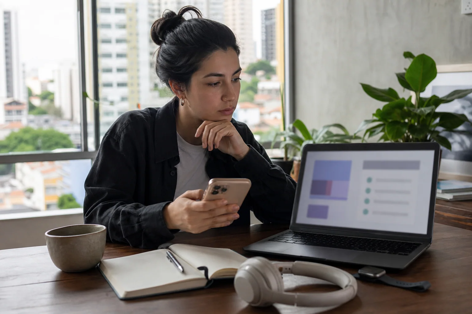 Jovem analisa no notebook e no celular se um curso de inglês gratuito cabe na sua rotina, em ambiente urbano de estudo com luz natural.