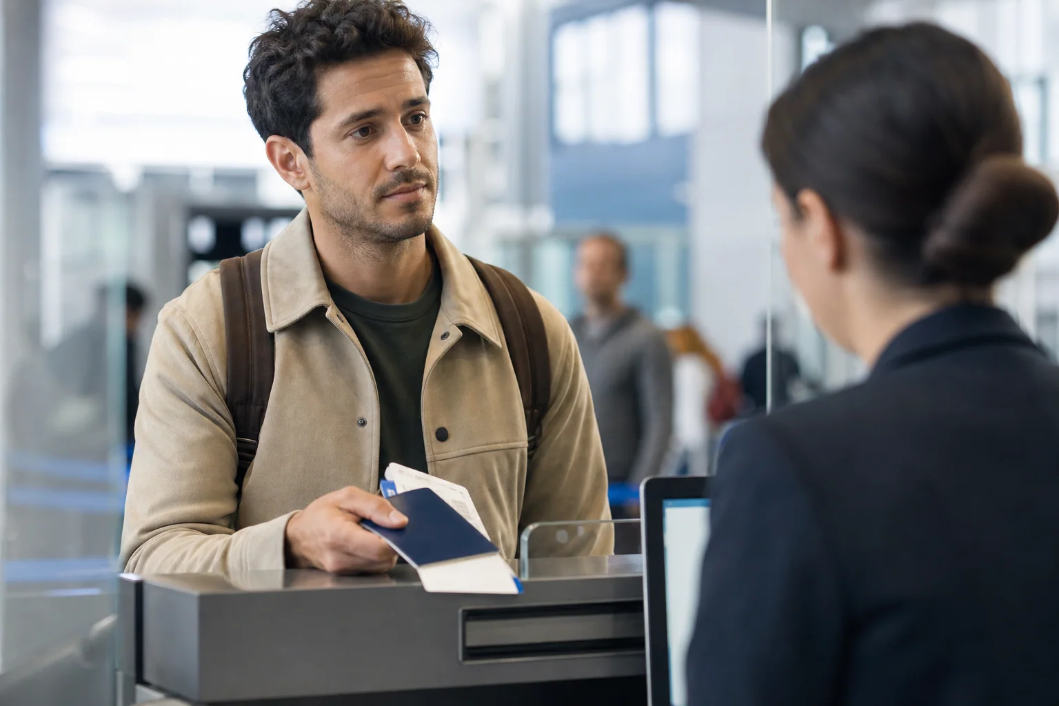 Viajante em controle de passaportes no aeroporto ouvindo atentamente um agente, com passaporte em mãos.
