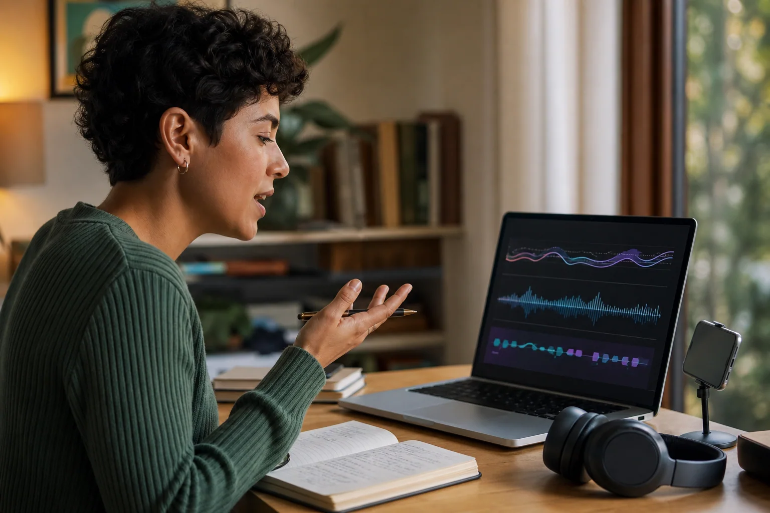 Pessoa praticando pronúncia em inglês com um celular ou laptop, observando feedback visual de voz e fazendo anotações em um ambiente de estudo.