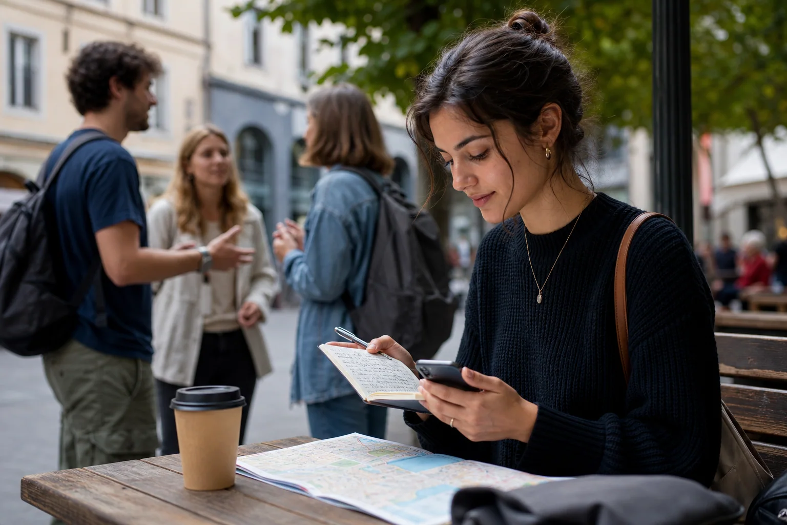Pessoa revisando anotações após um encontro em inglês, em ambiente urbano, com outras pessoas conversando ao fundo.