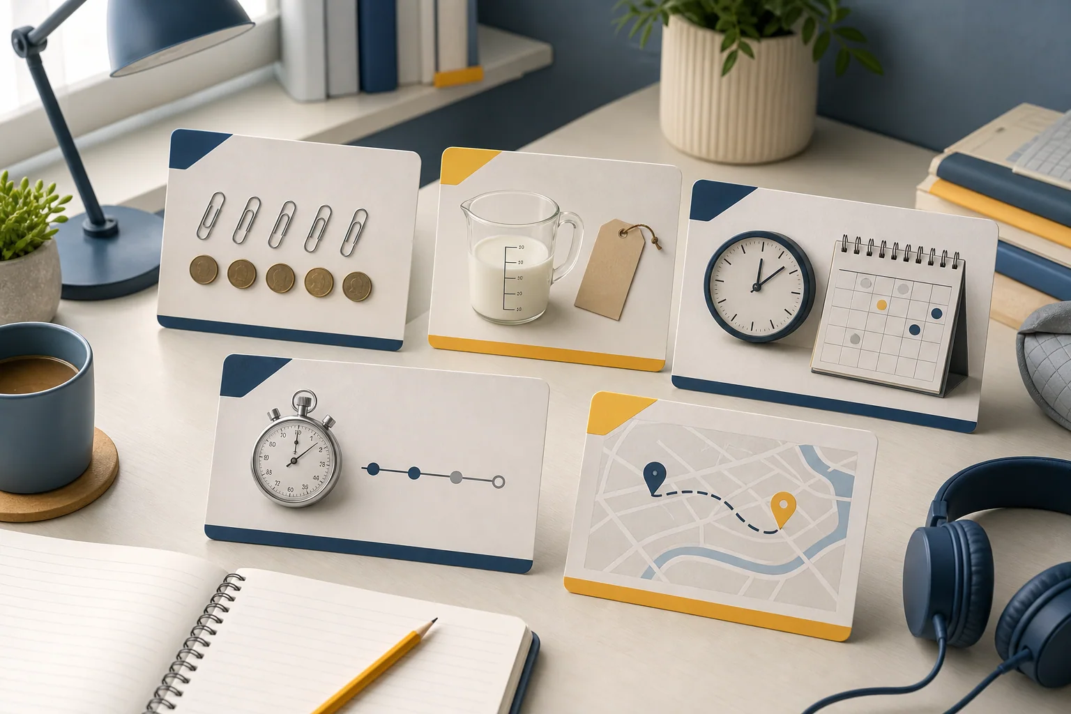 Mesa com objetos organizados que representam quantidade, preço, frequência, duração e distância em um contexto de estudo de inglês.