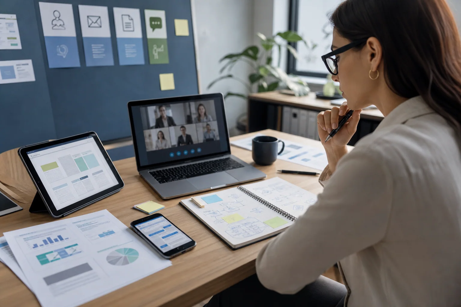 Profissional em mesa de trabalho analisando diferentes tarefas de comunicação internacional em notebook, tablet e anotações, em ambiente corporativo moderno.