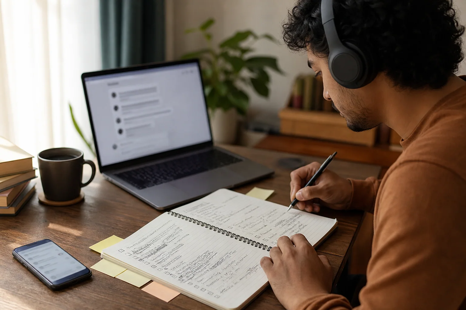 Pessoa estudando inglês com apoio de IA em uma mesa, revisando anotações no caderno enquanto usa um laptop com interface de chat desfocada.