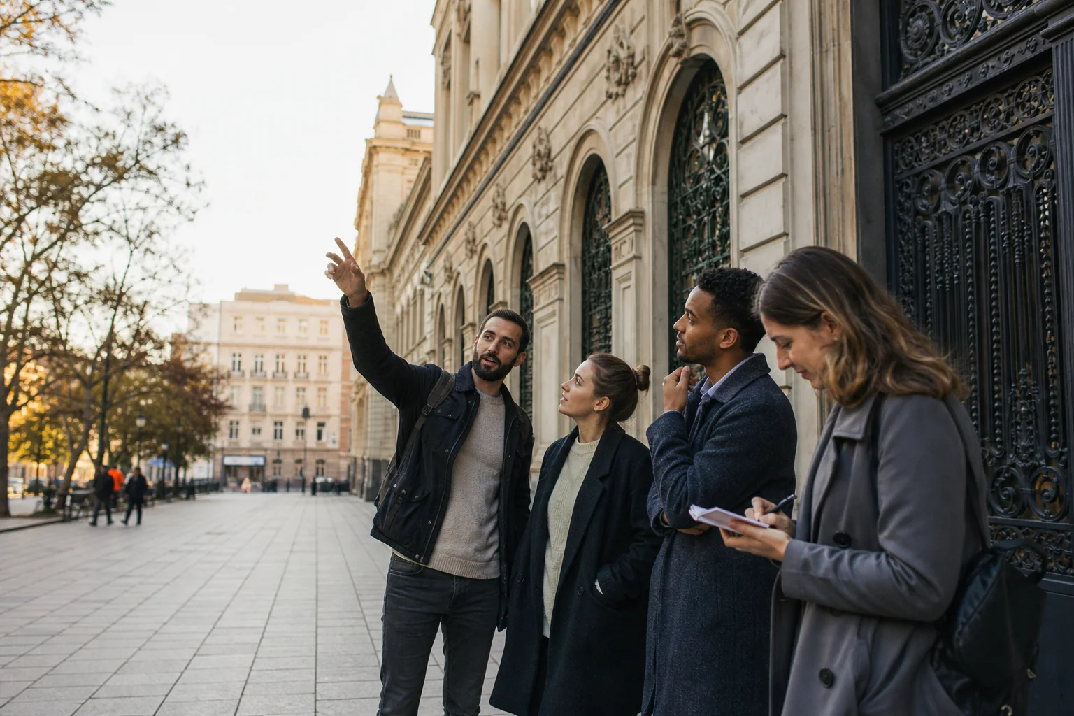 Grupo de adultos em passeio urbano conversando em inglês enquanto uma pessoa anota frases úteis após a interação.