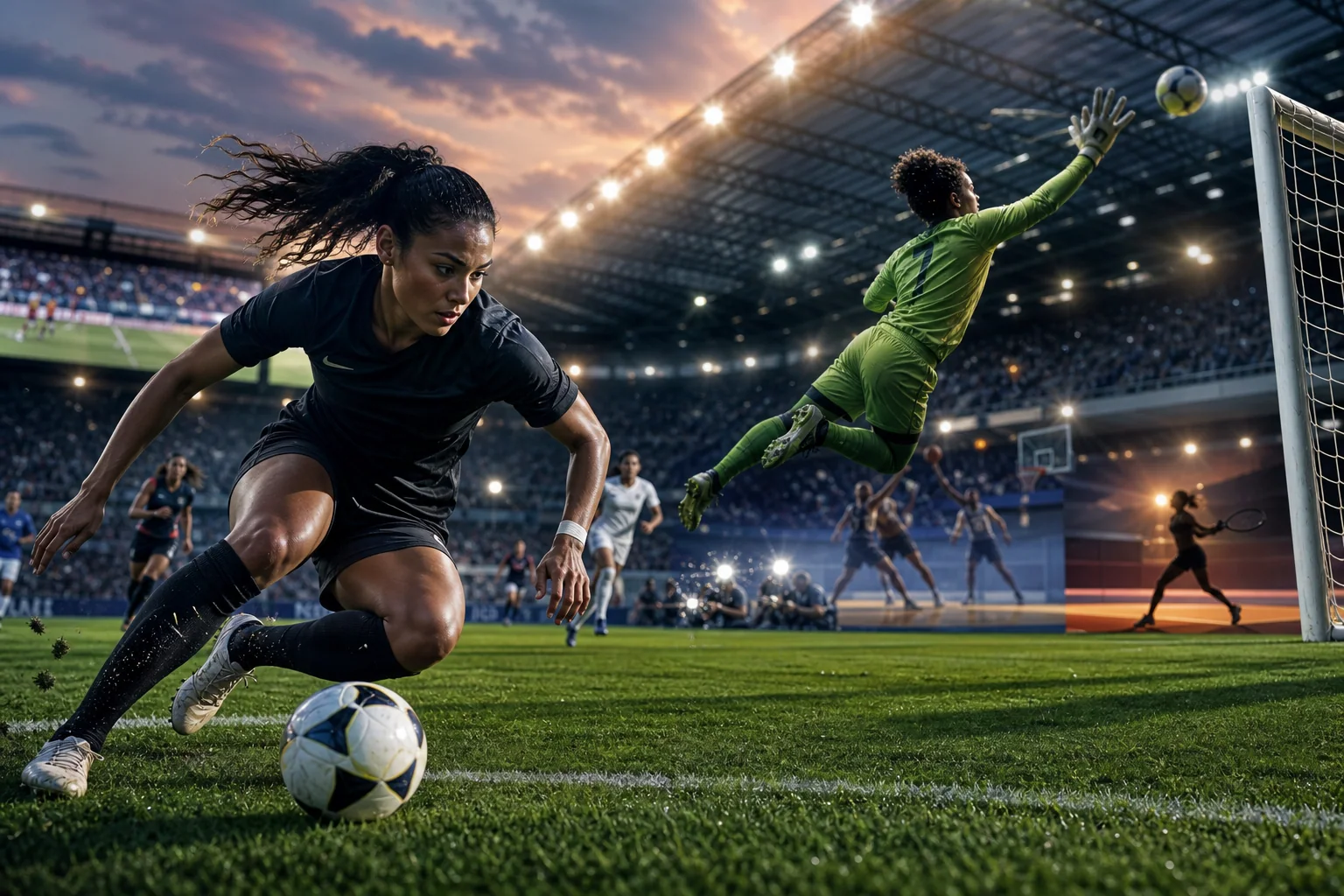 Cena esportiva editorial em formato horizontal com atletas em ação em um estádio moderno, sugerindo manchetes e comentários esportivos em inglês em diferentes modalidades.