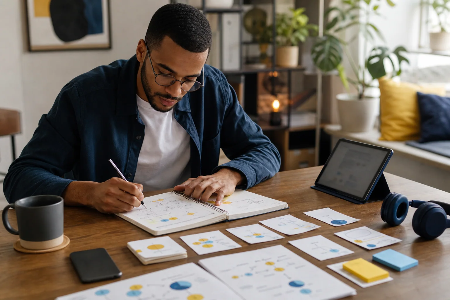Pessoa estudando vocabulário de inglês em casa com caderno, flashcards e dispositivo digital, em uma mesa organizada com clima de revisão e prática em contexto.