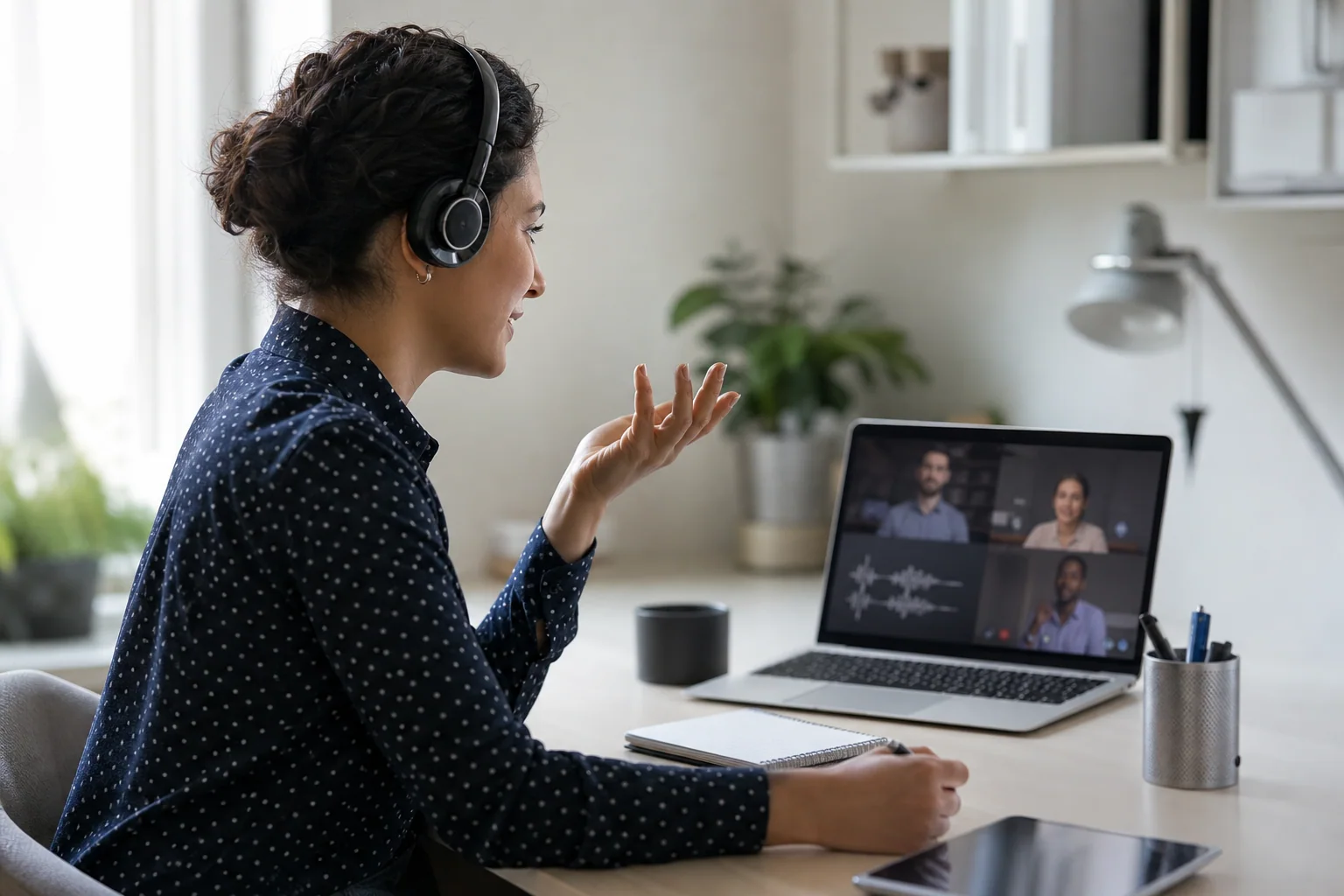 Profissional em reunião por vídeo pedindo esclarecimento com postura confiante em ambiente de trabalho moderno.