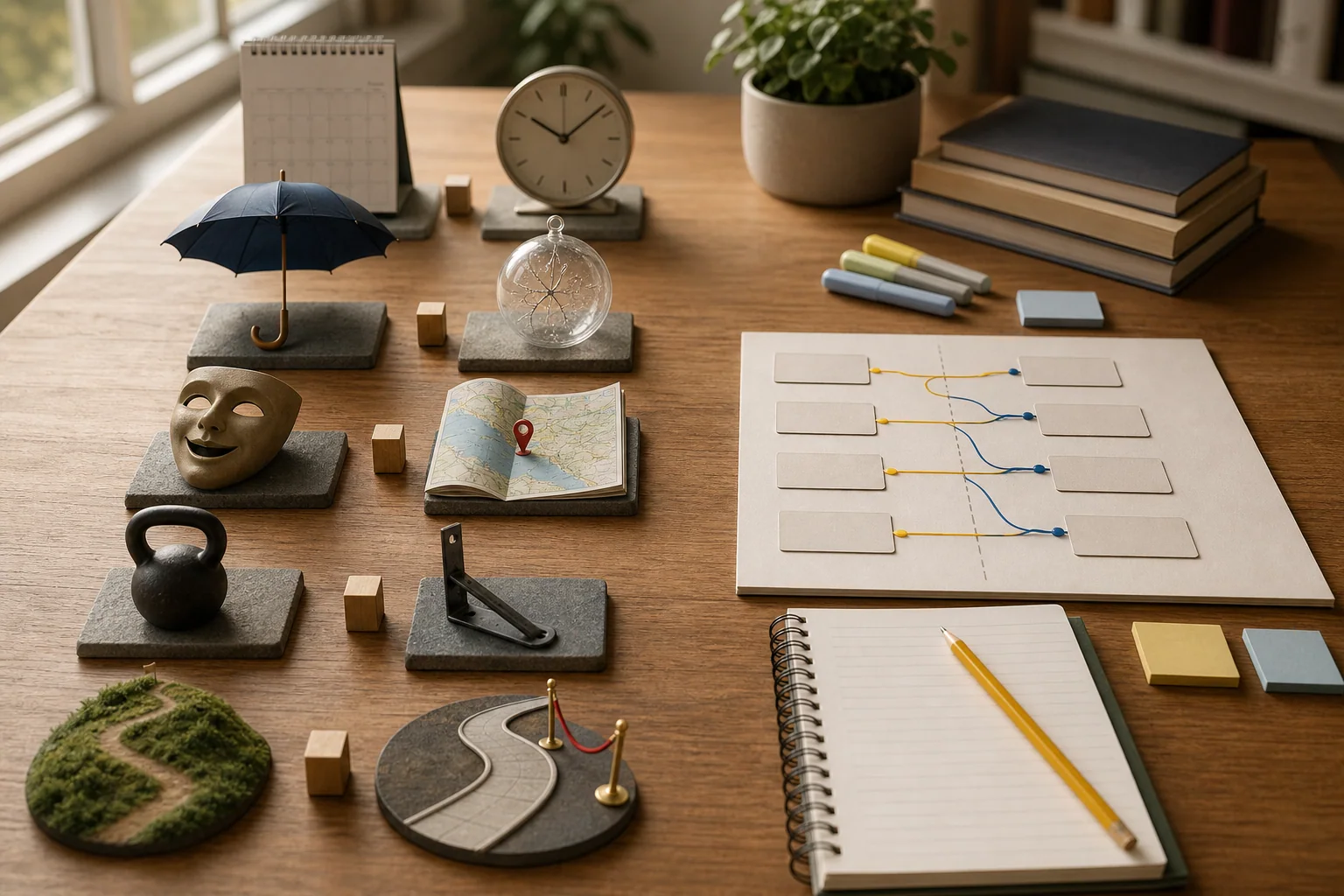 Mesa de estudo com objetos parecidos mas diferentes e metáforas visuais que representam falsos cognatos em inglês e a comparação entre significados.