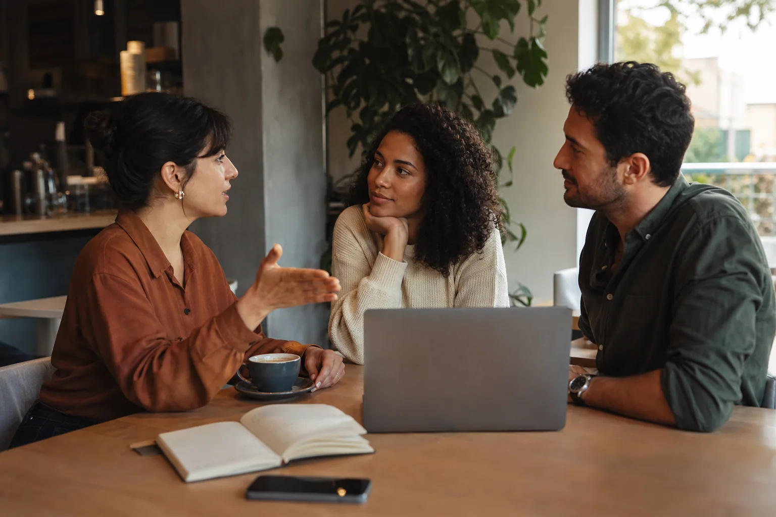 Três adultos conversam em um café com clima de trabalho e estudo, usando linguagem corporal sutil para transmitir pedido educado, sugestão e possibilidade.