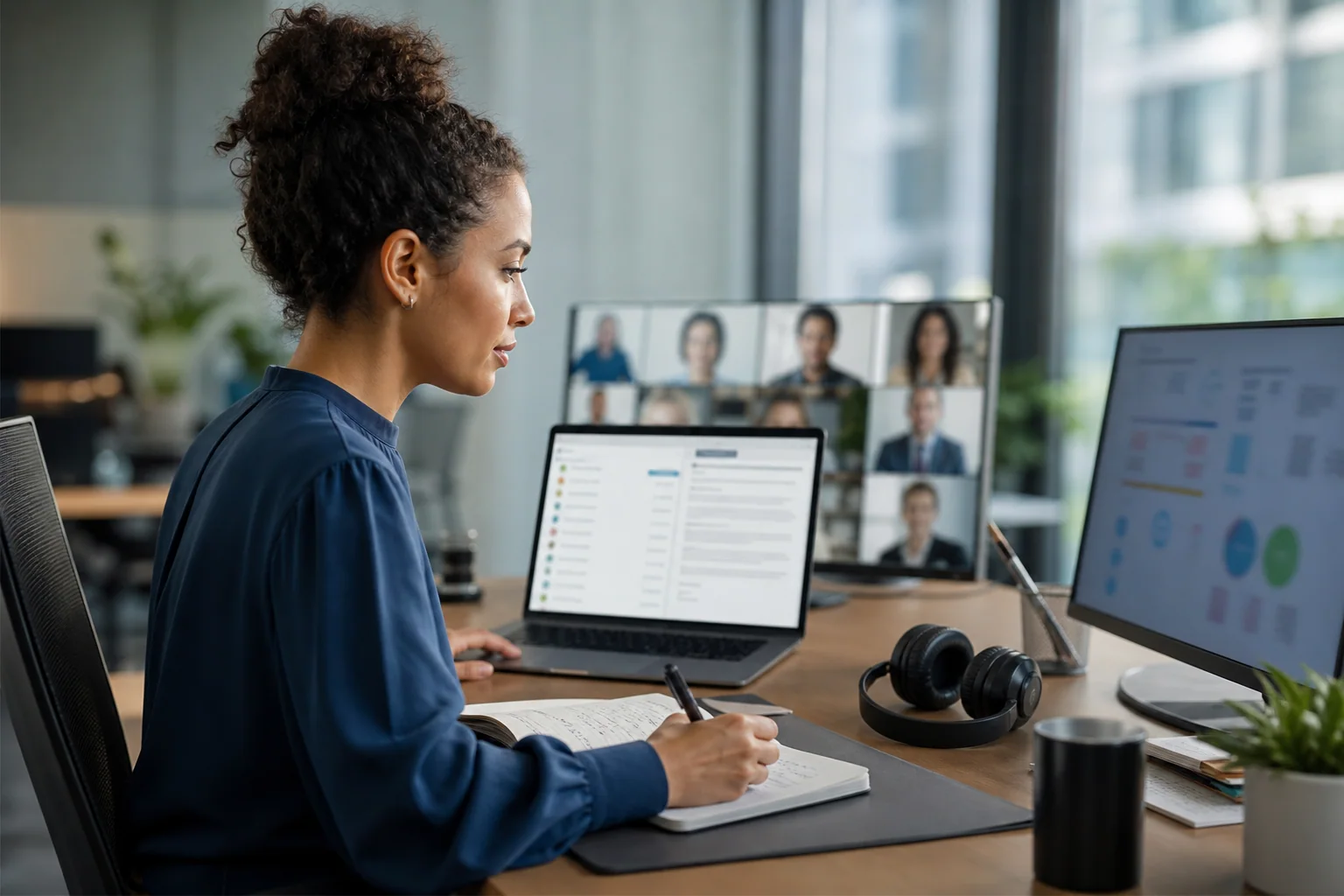 Profissional em escritório analisando e-mail, documentação e rotina de reuniões em inglês em uma estação de trabalho moderna.
