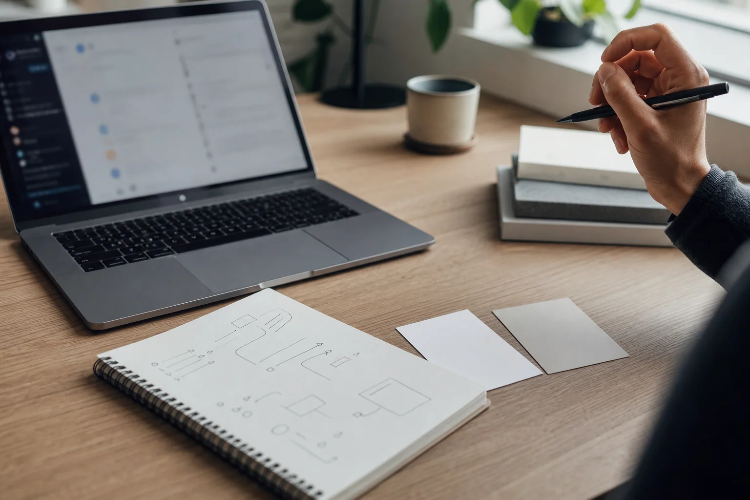 Mesa de trabalho com notebook, caderno e dois cartões neutros sugerindo escolha e decisão ao escrever em inglês.