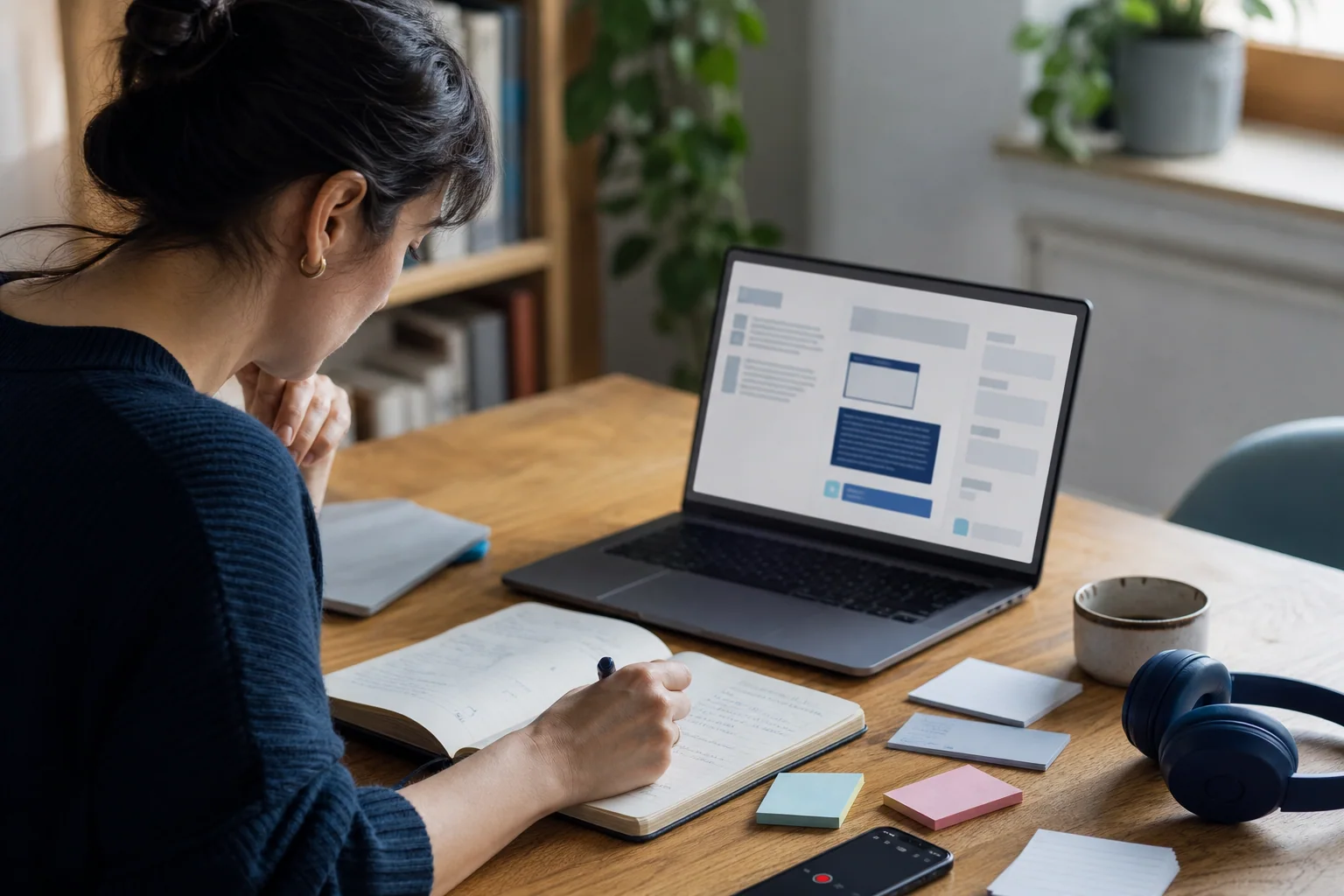 Pessoa estudando inglês com laptop e anotações, usando respostas de IA como material de revisão ativa em uma mesa organizada.