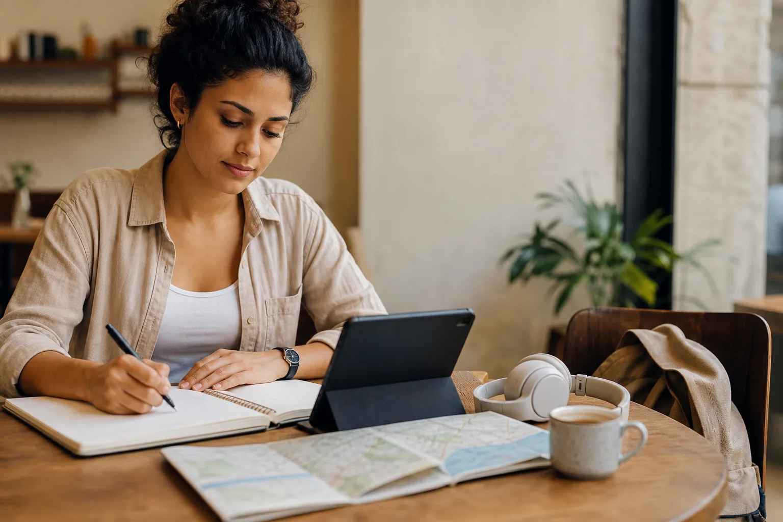 Pessoa estudando inglês de forma prática em ambiente cotidiano, com caderno, celular e objetos que sugerem rotina e situações reais do dia a dia.