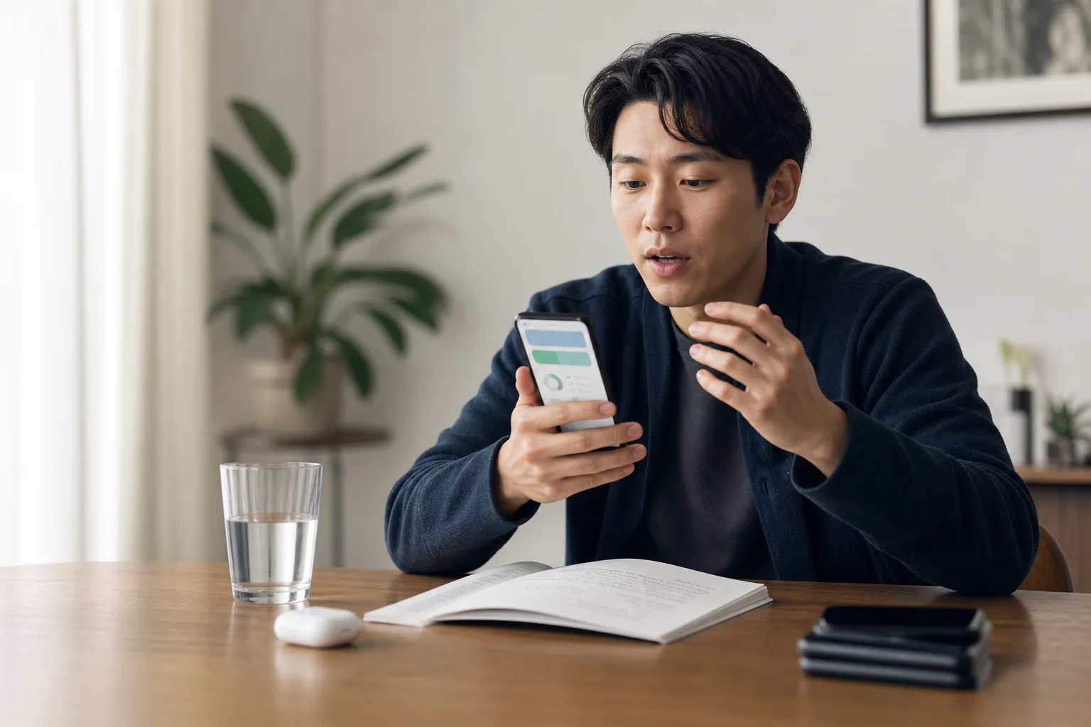 Pessoa estudando inglês no celular com foco em um único app, em ambiente calmo e organizado.