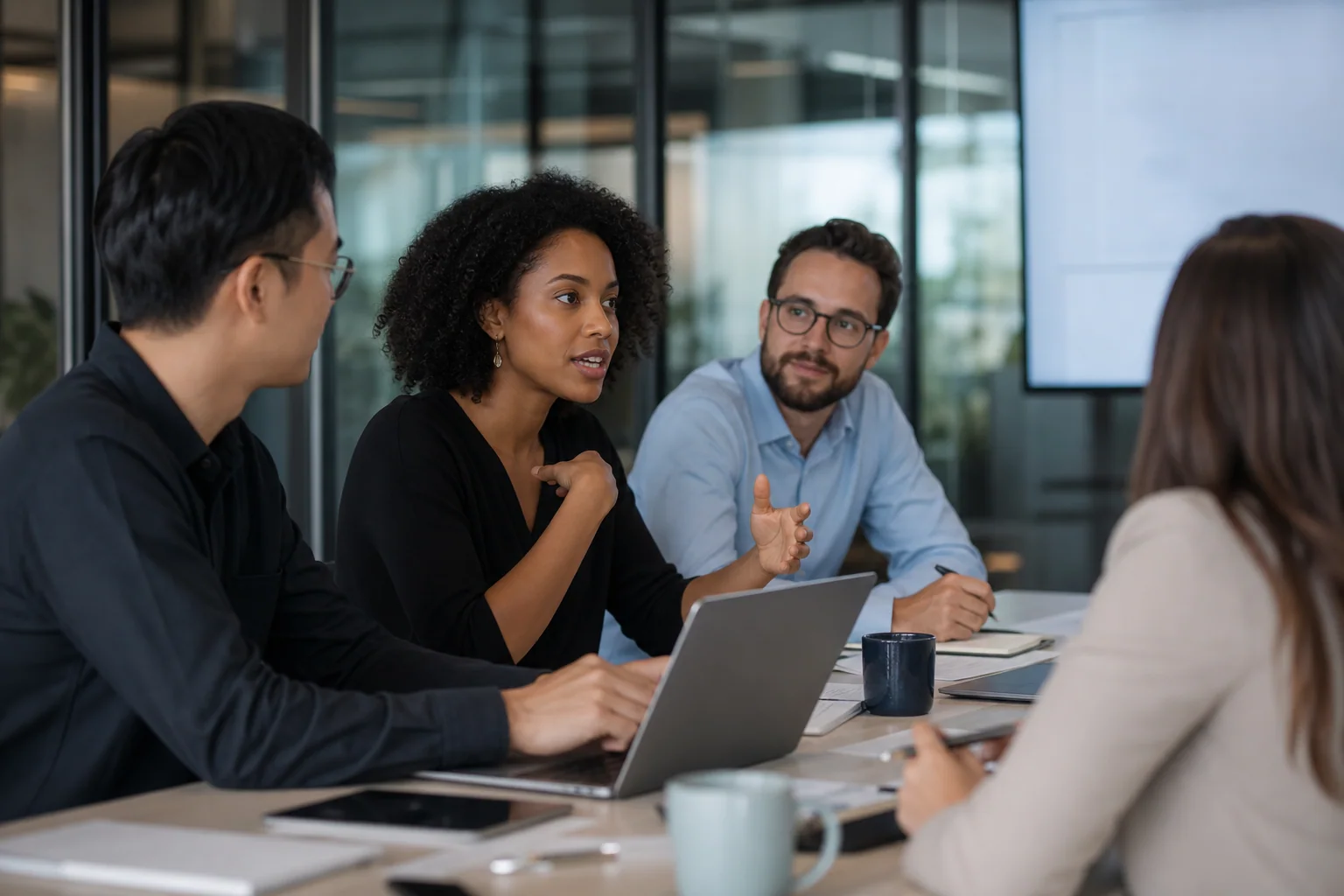 Profissionais em uma reunião de trabalho colaborativa, conversando de forma natural em um escritório moderno.