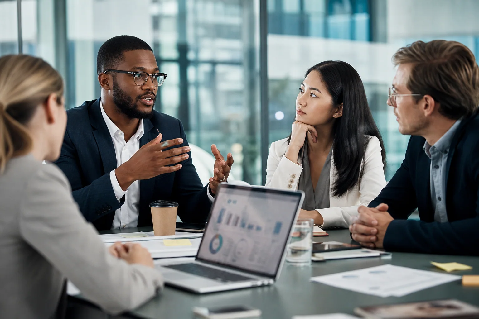 Equipe em reunião profissional discutindo um tema delicado com expressão atenta e tom colaborativo em uma sala de conferência.