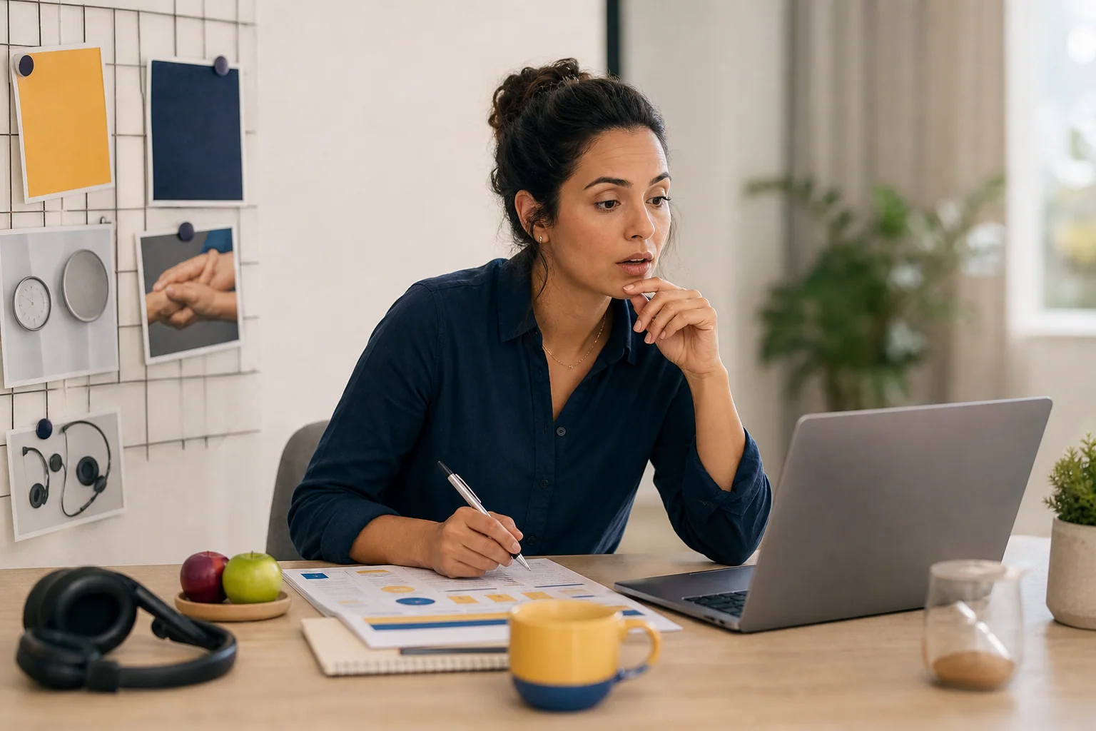 Profissional em mesa de trabalho com notebook e objetos visuais parecidos, mas de funções diferentes, sugerindo confusão entre palavras semelhantes em inglês.