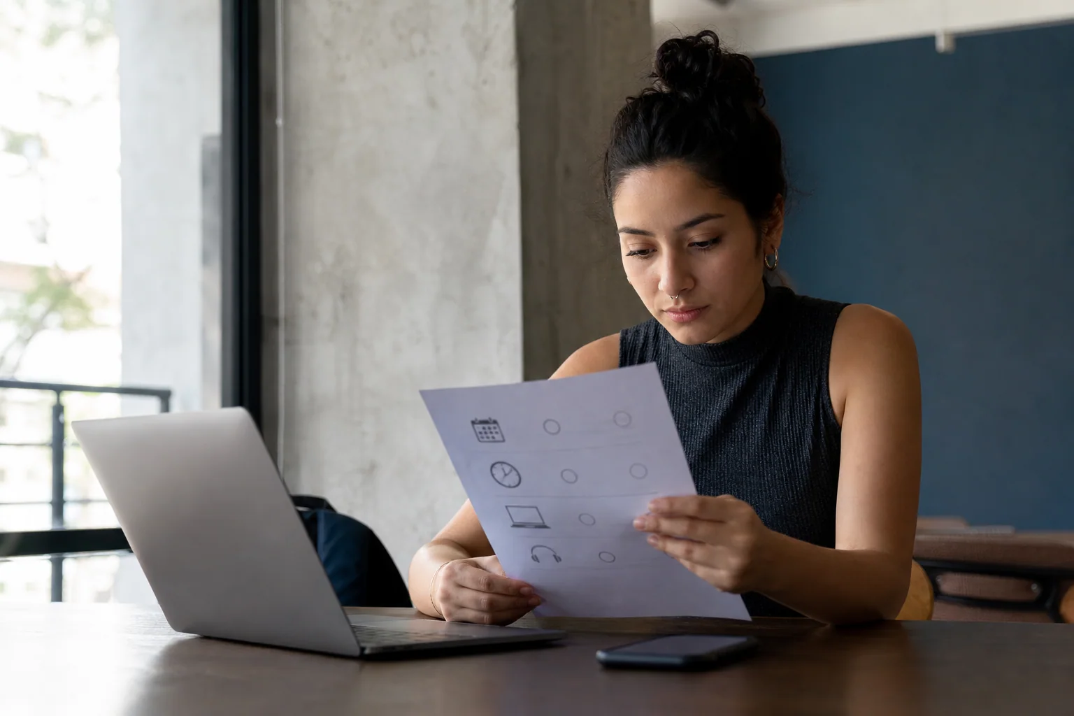 Jovem adulta analisa materiais de estudo ao lado de notebook e celular, avaliando se um curso gratuito cabe na rotina.