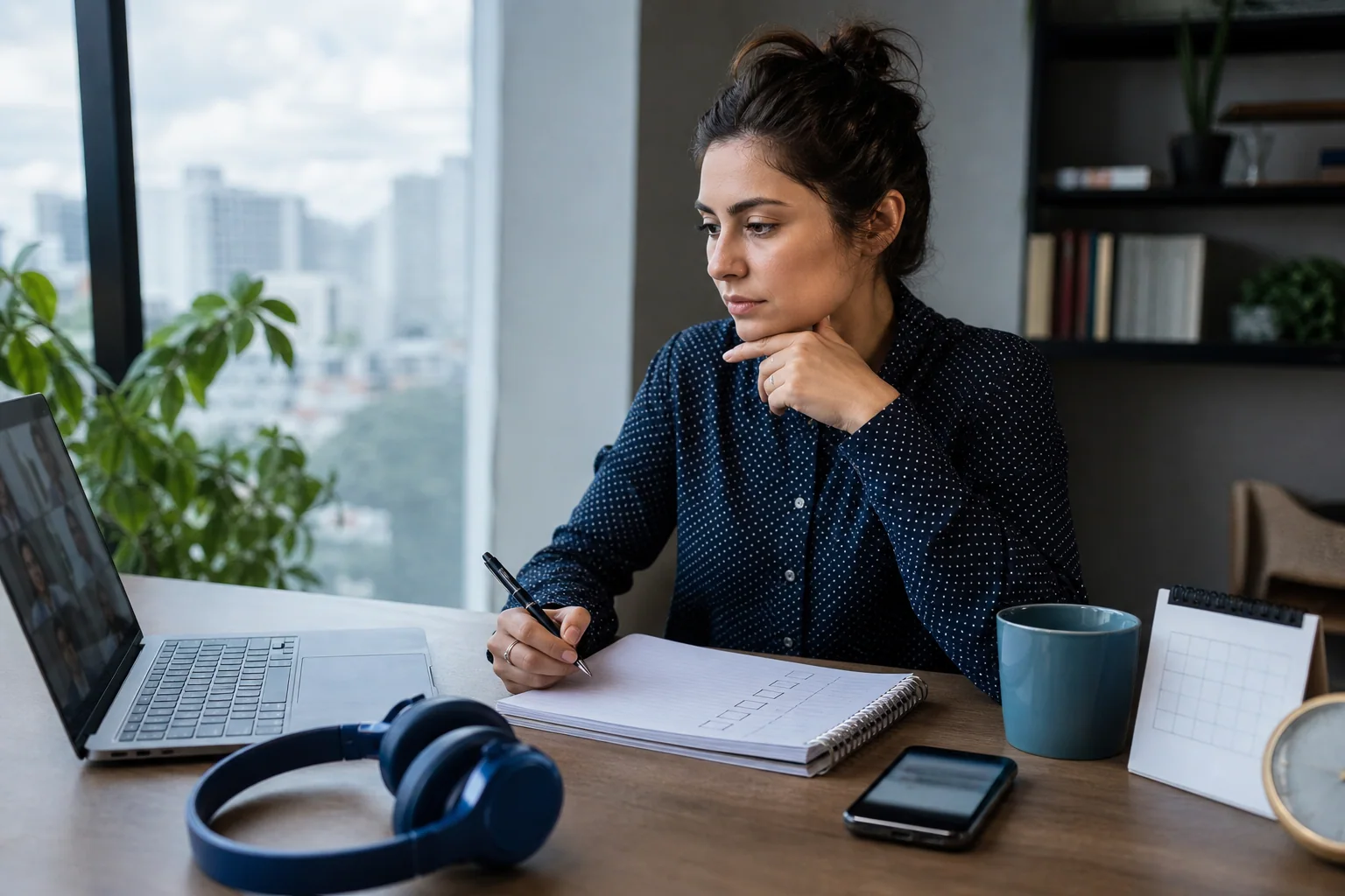 Profissional jovem analisa no notebook se um curso gratuito de inglês corporativo vale seu tempo, em mesa de estudo com anotações e ambiente de trabalho moderno.