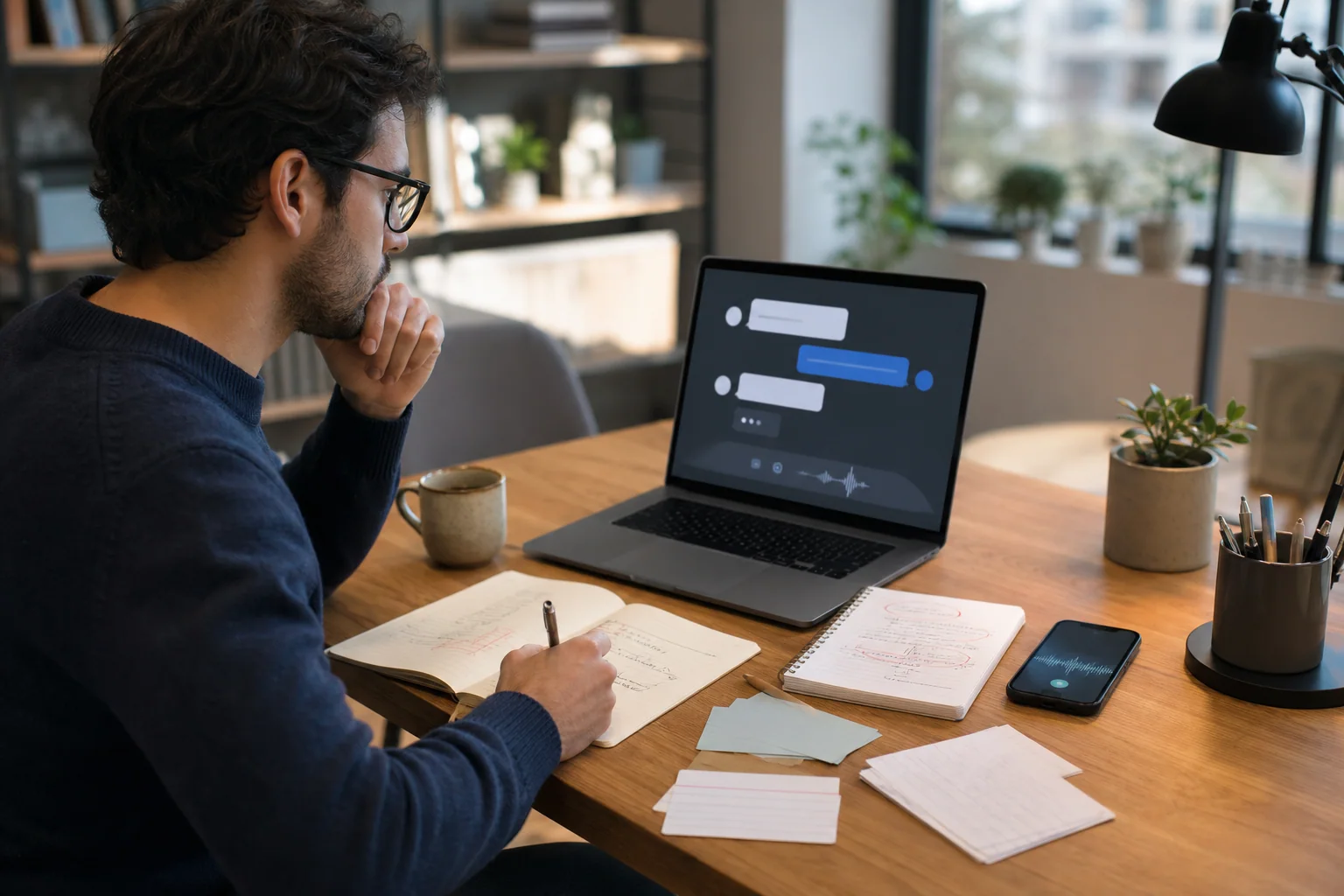 Pessoa estudando inglês com apoio de IA em um laptop, usando anotações e flashcards em uma mesa organizada.