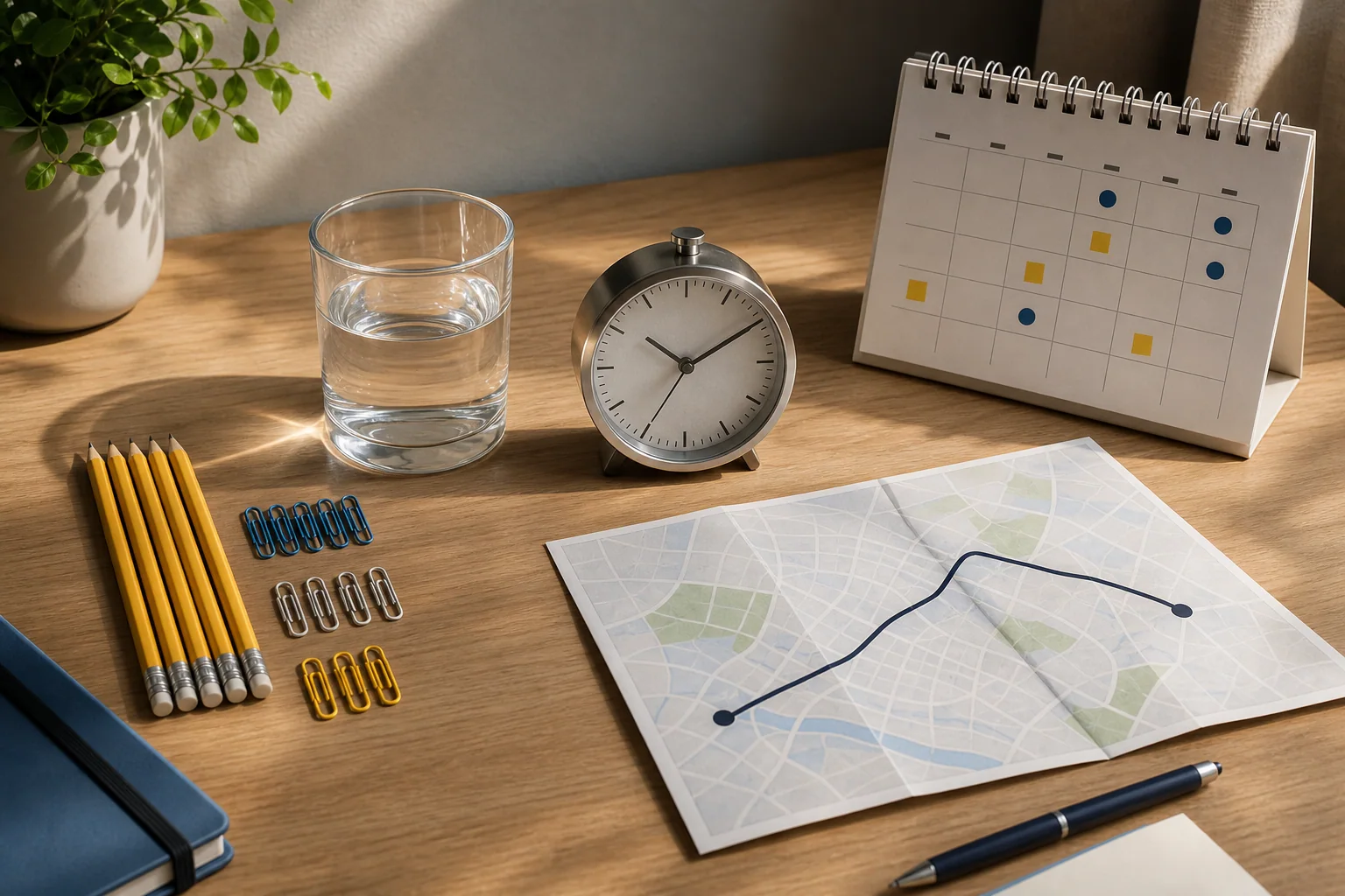 Mesa de estudo com objetos que sugerem quantidade, frequência, duração e distância em uma composição editorial limpa.