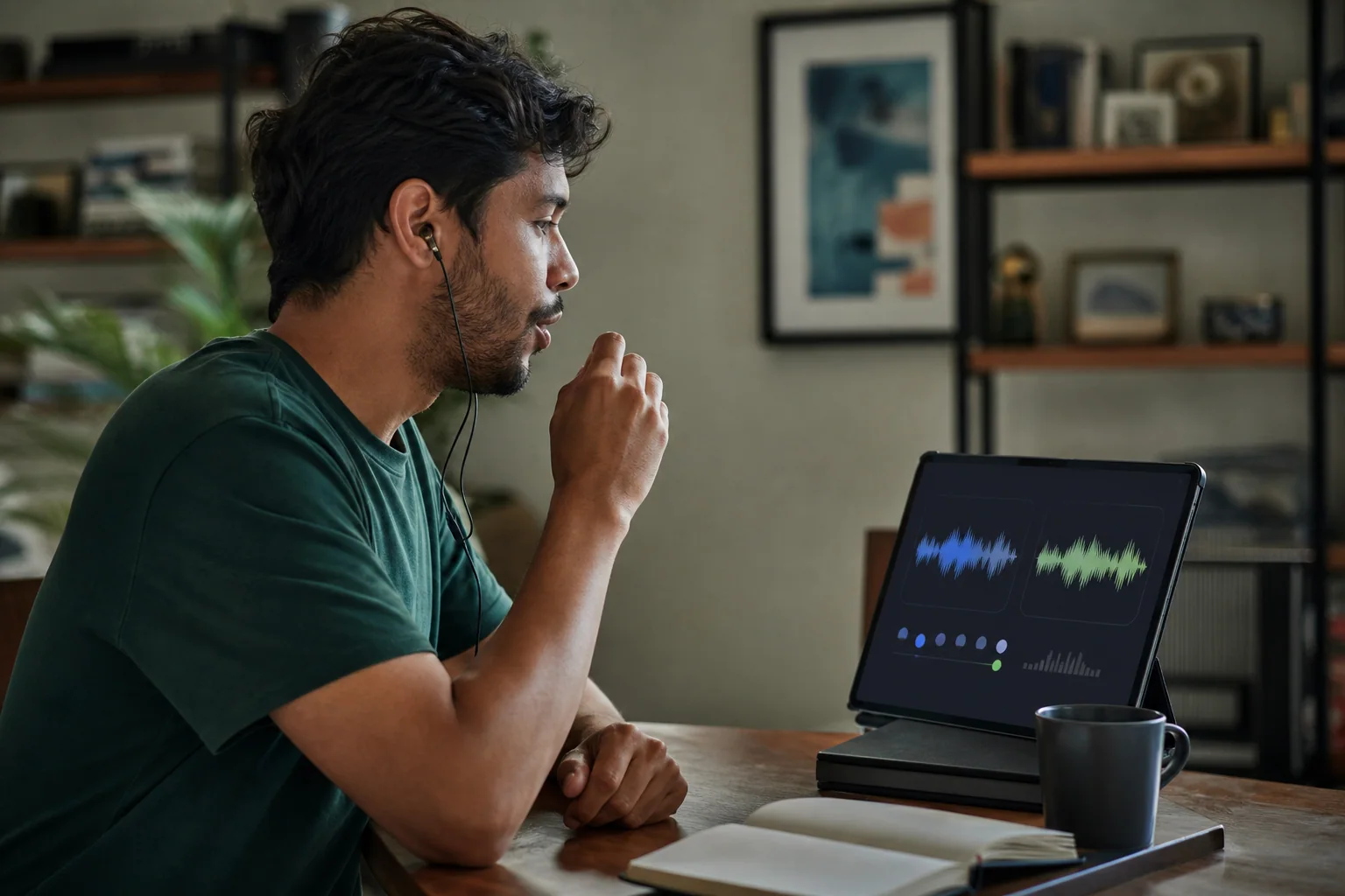 Adulto brasileiro praticando pronúncia em inglês em casa com notebook e feedback visual abstrato de áudio na tela.