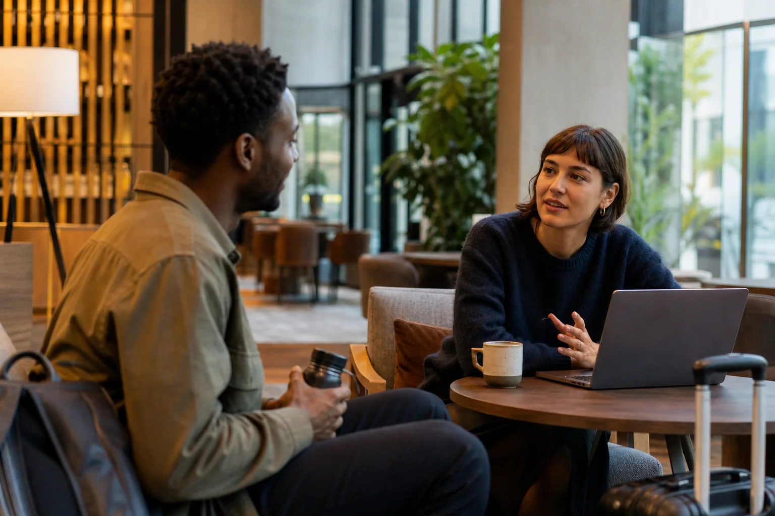 Duas pessoas conversam de forma natural em um lounge de café com laptop e mala ao lado, sugerindo small talk em inglês entre trabalho e viagem.