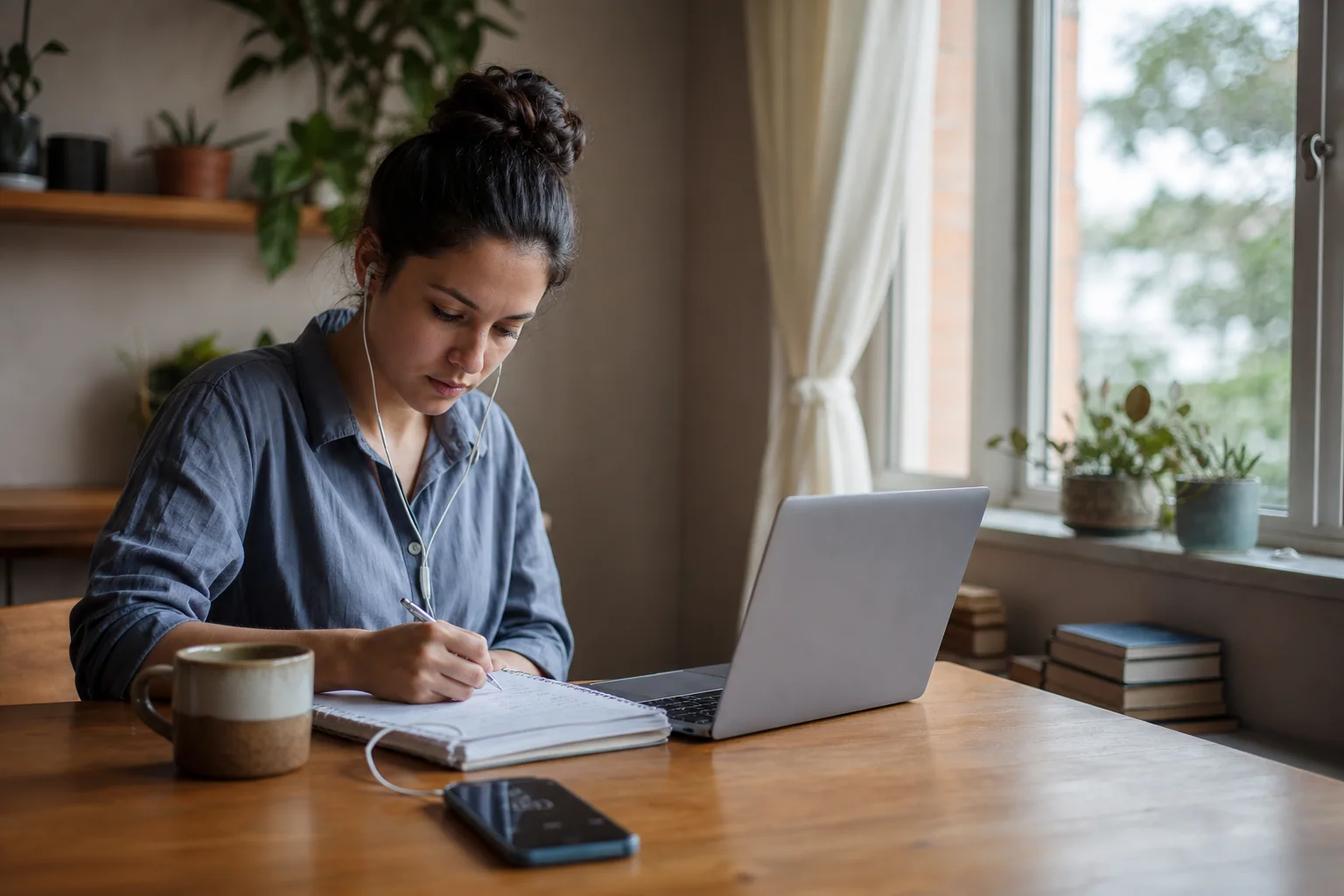 Pessoa estudando inglês sozinha em casa com notebook, caderno e fones em uma sessão curta e organizada.