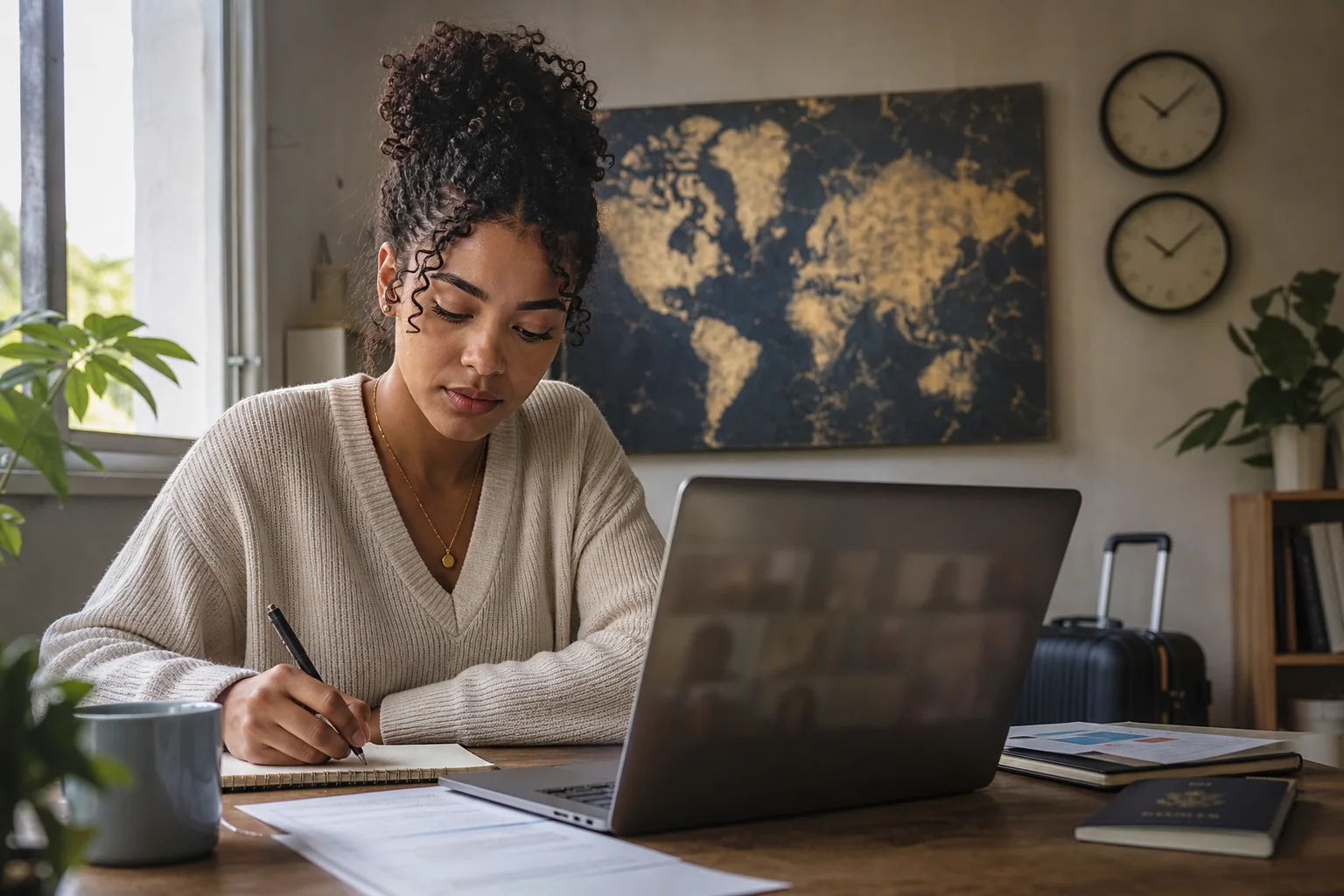 Jovem adulta estudando em mesa com laptop e anotações, em ambiente iluminado, transmitindo preparo prático para oportunidades internacionais.