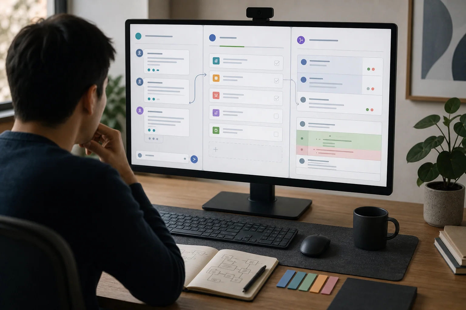 Desenvolvedor em um espaço de trabalho moderno analisando painéis digitais genéricos que representam chat, gestão de tarefas e revisão de código, em uma cena editorial que comunica clareza na escrita técnica.