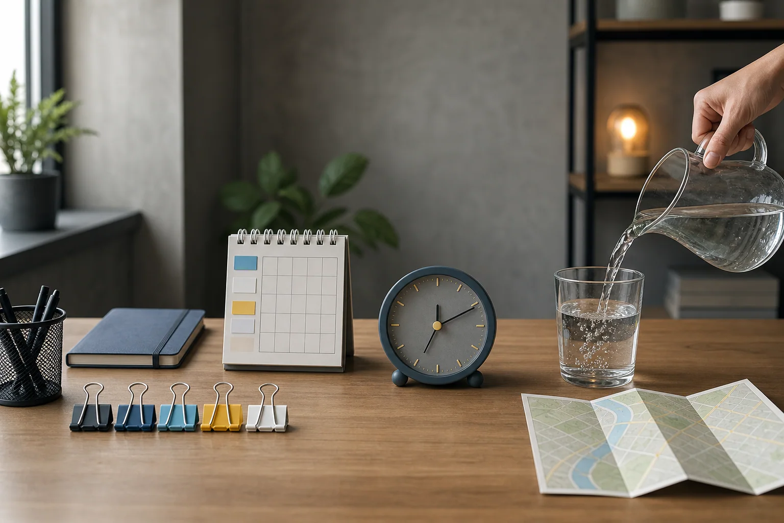 Mesa de trabalho com objetos organizados em grupos que sugerem contagem, quantidade, frequência, duração e distância em uma composição editorial clean.