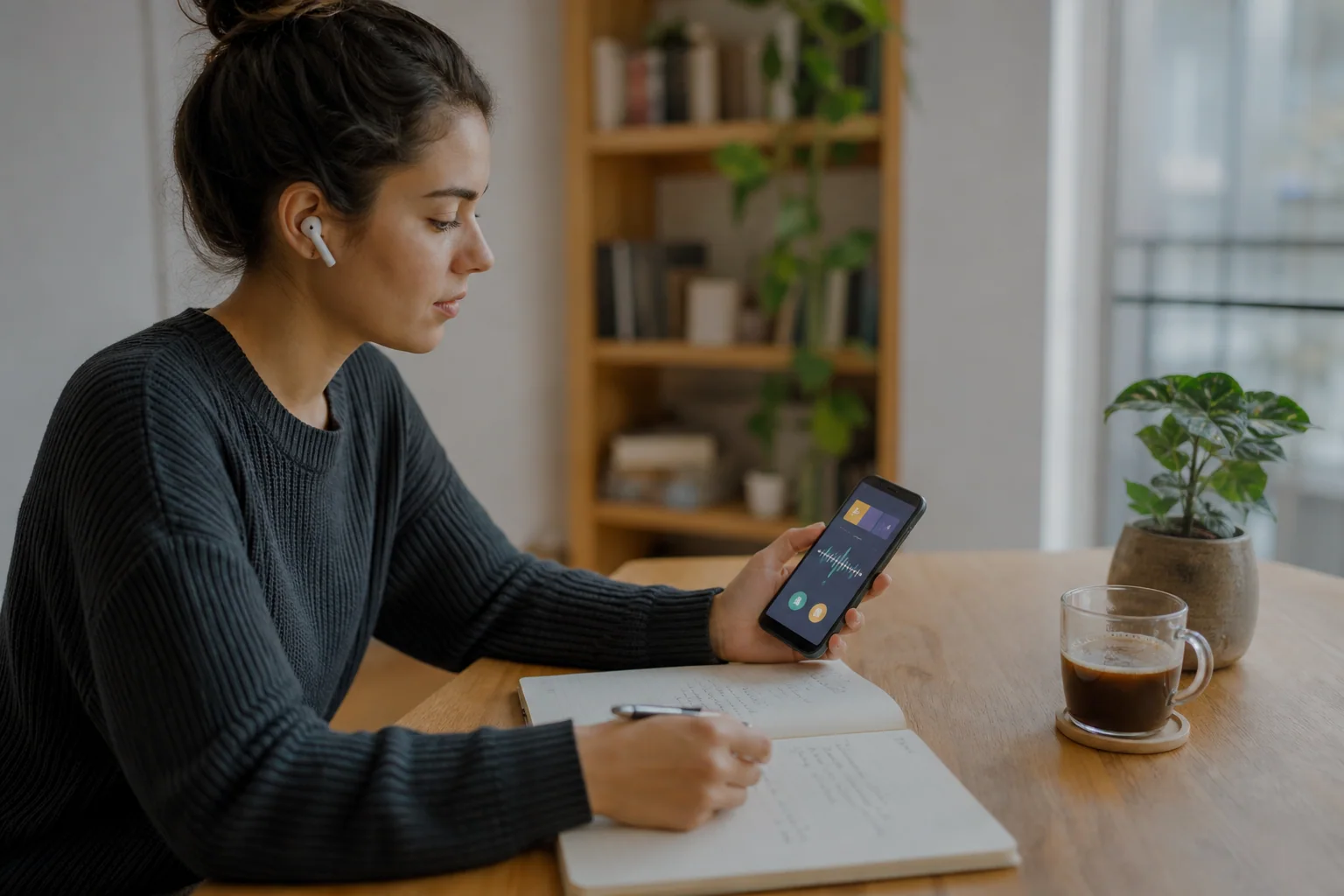 Pessoa estudando inglês em casa com um único celular, fones e caderno, em uma mesa organizada e iluminada por luz natural.