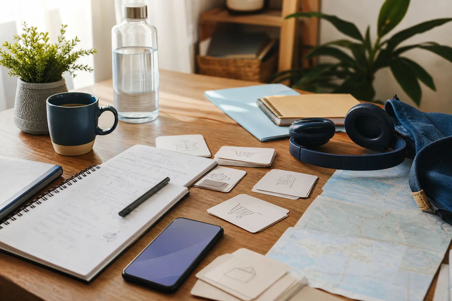 Mesa de estudo com materiais para aprender inglês no dia a dia, como caderno, cartões, fones, café e mapa, em composição editorial horizontal.