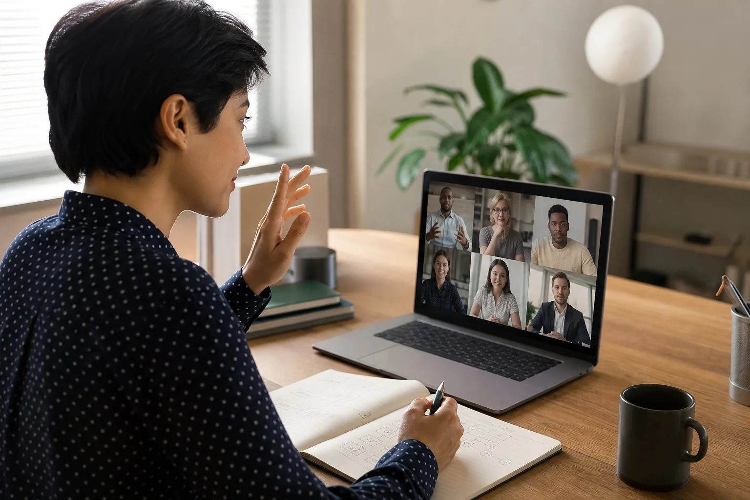 Profissional em uma videochamada com colegas globais, fazendo gesto sutil para falar enquanto anota próximos passos em um caderno.