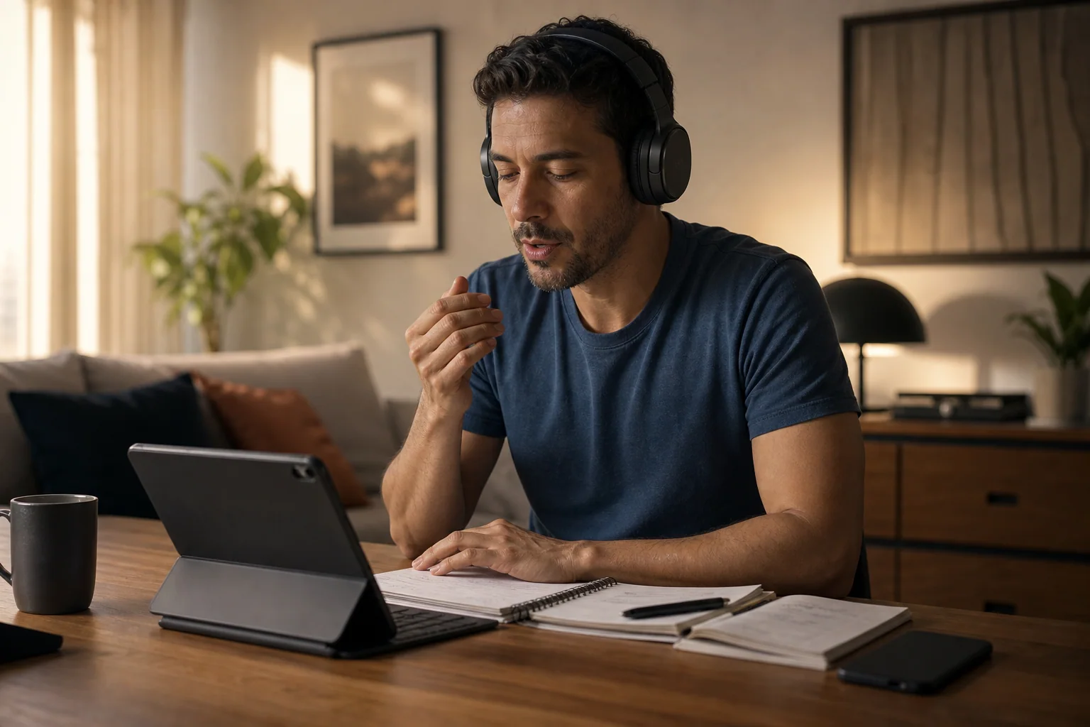 Adulto estudando inglês em casa de forma concentrada, com caderno, fones e notebook, em uma rotina de retomada organizada.