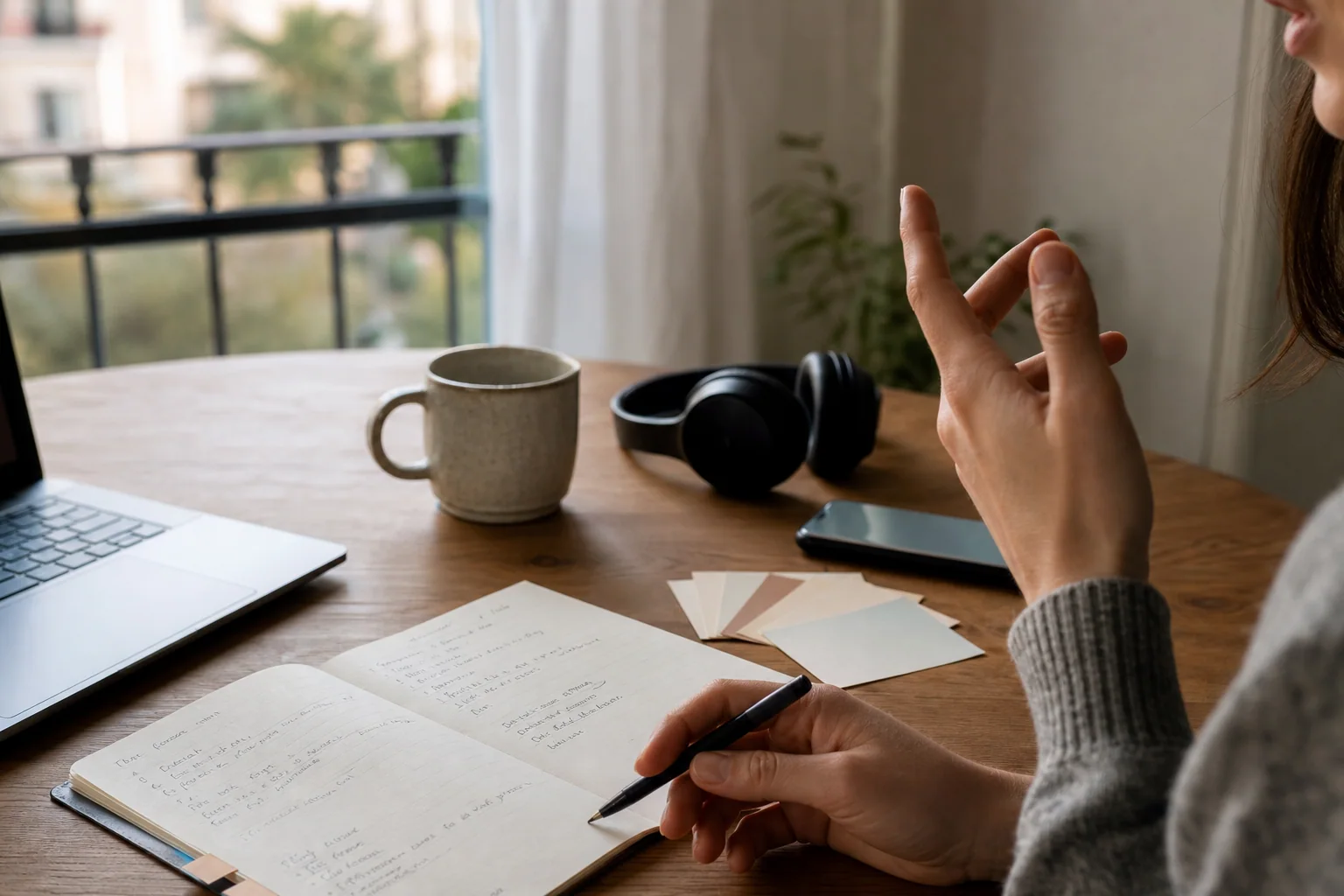 Pessoa estudando vocabulário em inglês em casa com caderno, flashcards e celular, revisando poucas palavras em contexto em uma mesa iluminada pela janela.