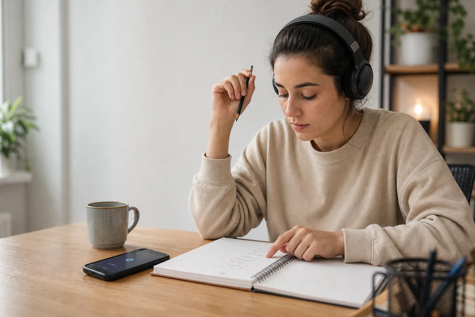 Pessoa estudando inglês com música de forma ativa, com fones, caderno e celular pausado em um trecho curto de áudio sobre a mesa.