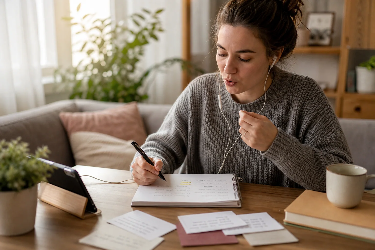 Pessoa estudando vocabulário em inglês em casa com caderno, áudio e revisão de poucas palavras em contexto.