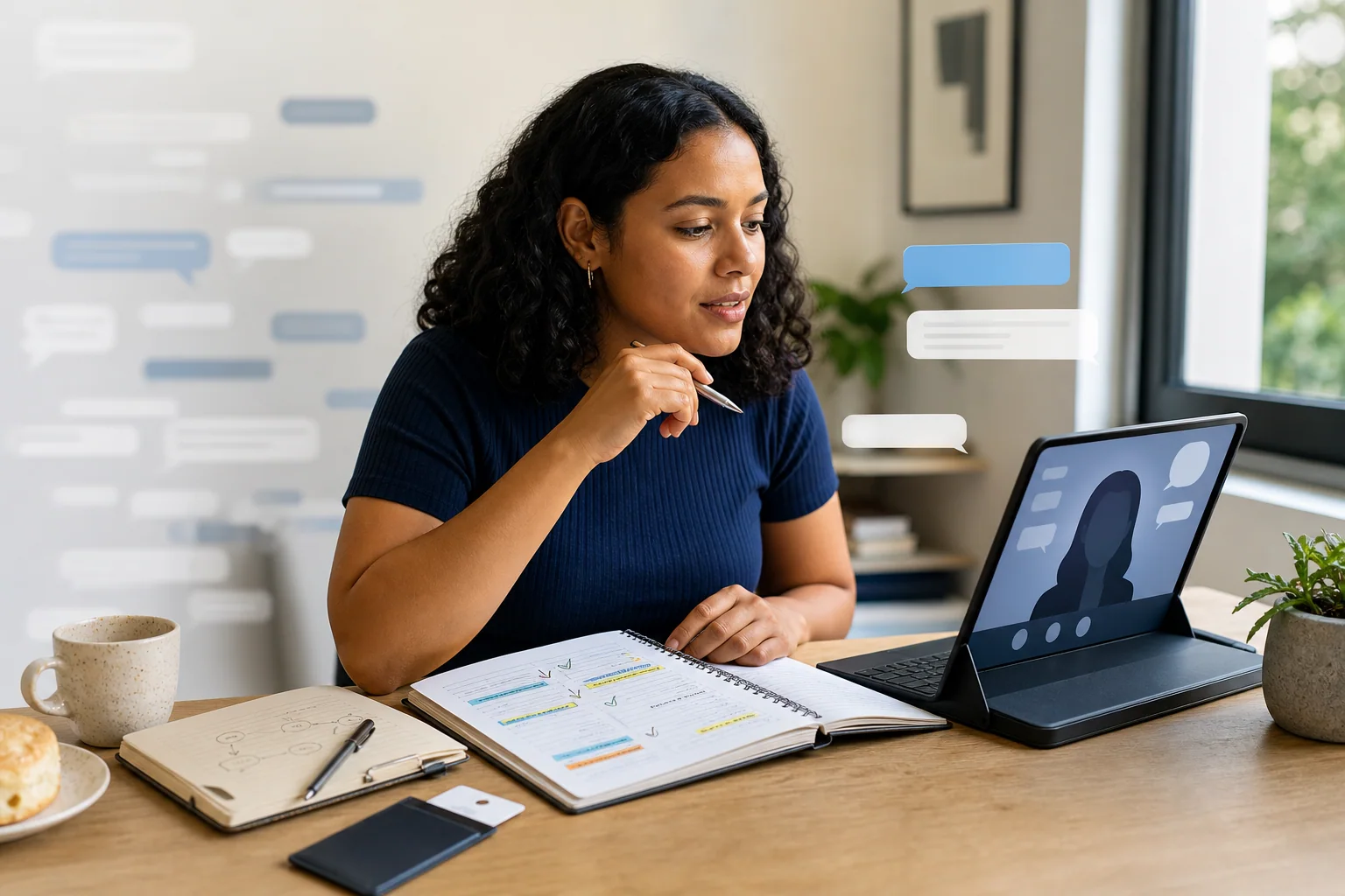 Pessoa praticando inglês com ajuda de IA em microcenas realistas, com notebook de revisão e elementos de hotel, reunião e small talk em uma mesa de trabalho.