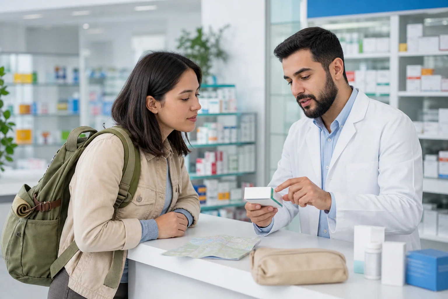 Pessoa viajante recebe orientação básica de um farmacêutico em uma farmácia no exterior, em ambiente calmo e organizado.