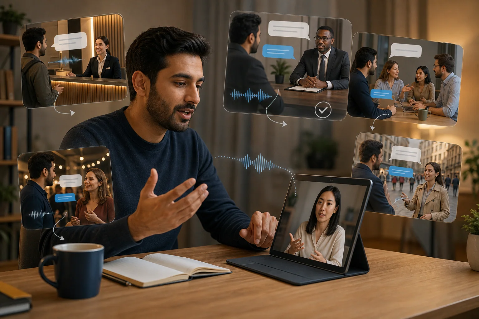 Pessoa praticando inglês com ajuda de IA em um notebook, com microcenas visuais de entrevista, hotel, reunião e small talk ao redor.