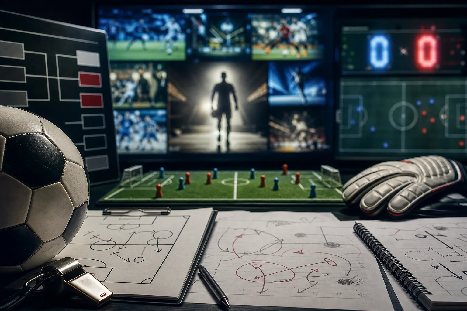 Cena editorial com objetos esportivos e sinais visuais de manchetes em inglês, sugerindo termos como convocação, empate, zebra e jogo sem sofrer gol.