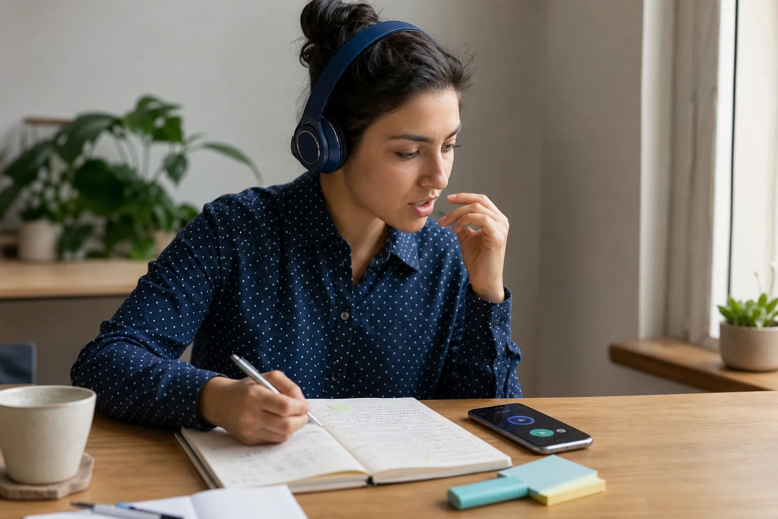 Pessoa estudando inglês com áudio de forma ativa em casa, usando fones, fazendo anotações em um caderno e repetindo frases em voz alta diante de um celular sobre a mesa.