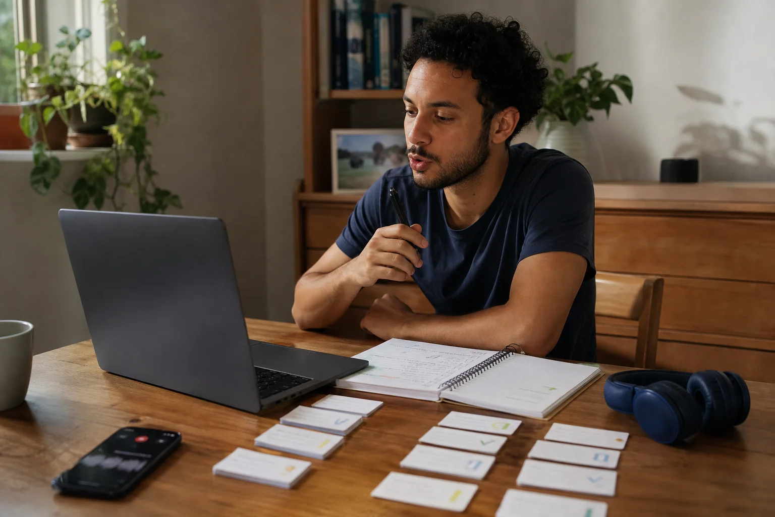 Estudante adulto em casa revisando inglês no notebook, com caderno, cartões de estudo e prática de fala, em uma cena que sugere avaliação real do aprendizado ao longo de vários dias.
