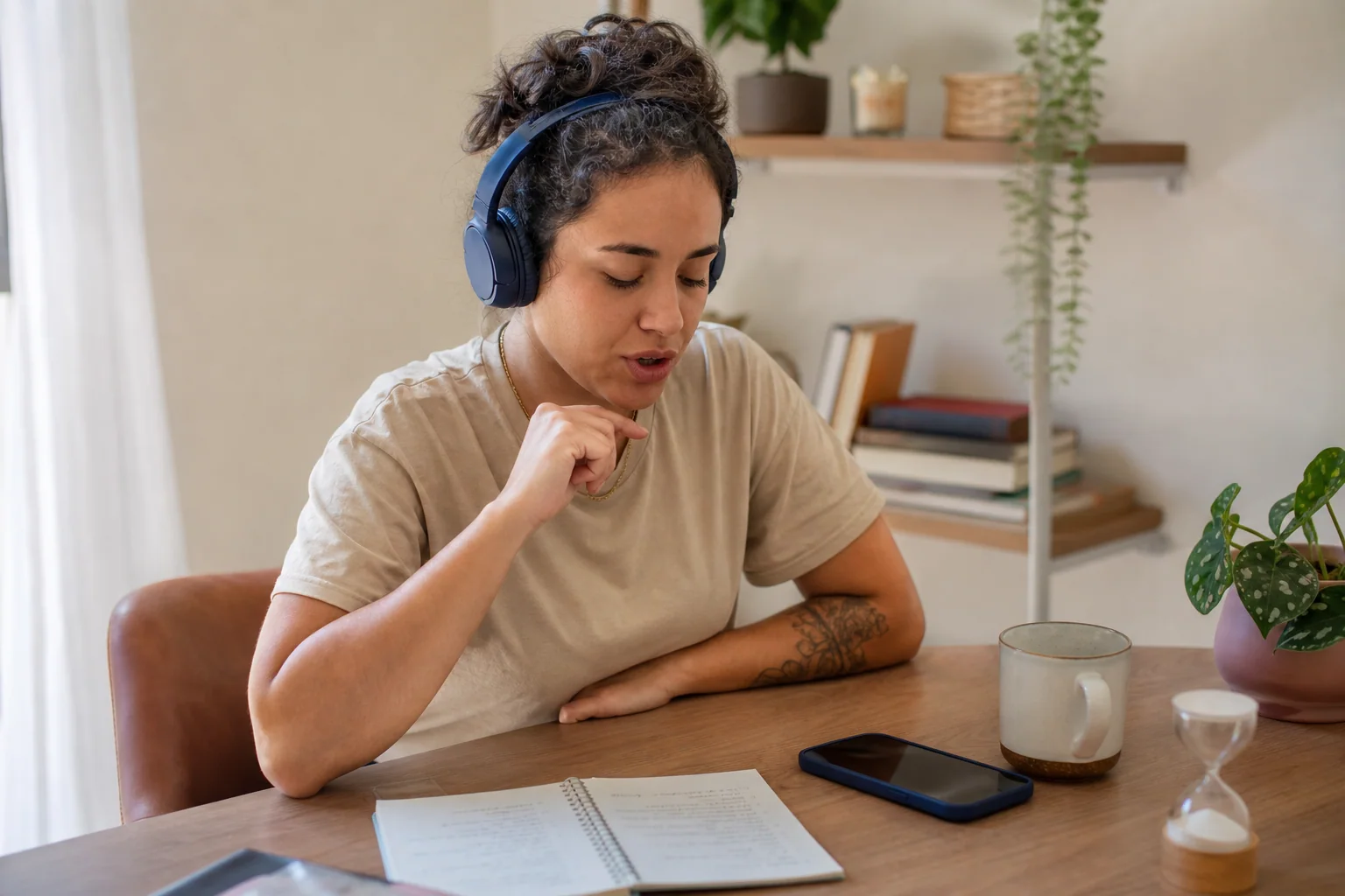 Pessoa adulta estudando inglês por poucos minutos em casa, com fones, celular com áudio e caderno de revisão sobre a mesa.