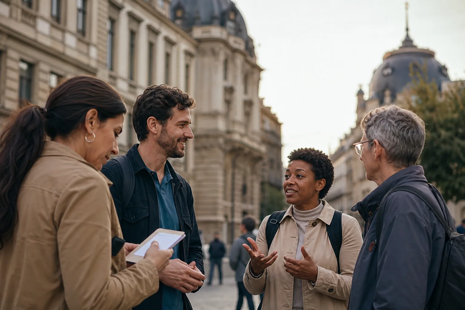 Grupo pequeno em conversa durante passeio urbano, com uma pessoa consultando discretamente notas para praticar inglês ao vivo.