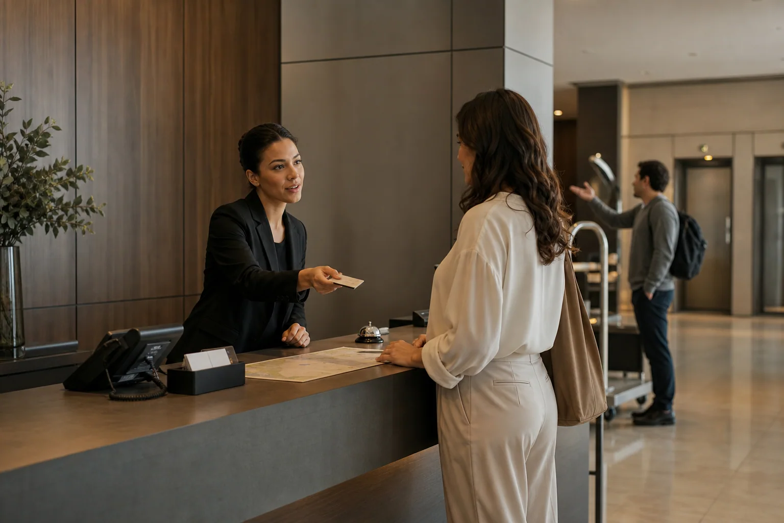 Recepcionista atende um hóspede no balcão de um hotel, enquanto ao fundo outro cliente pede orientação em ambiente profissional e acolhedor.